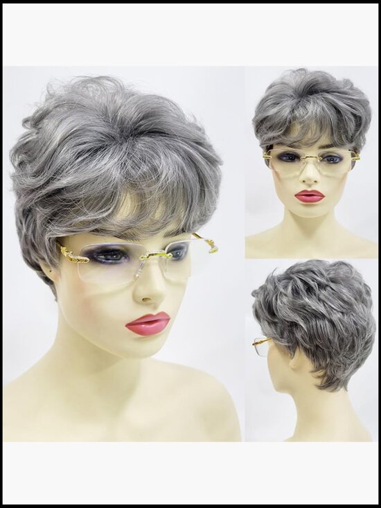 Short Curly Grey Wig with Bangs Fluffy Heat Resistant Synthetic Hair Easy Care main image 4